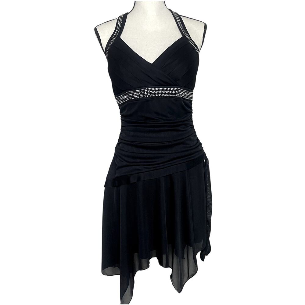Y2K Trixxi Black Halter Fairy Dress Ruched Waist Asymmetrical Hem Silver Size L